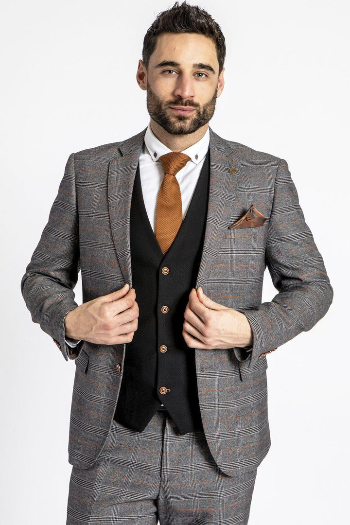 JENSON - Grey Check Suit With MAX Black Waistcoat