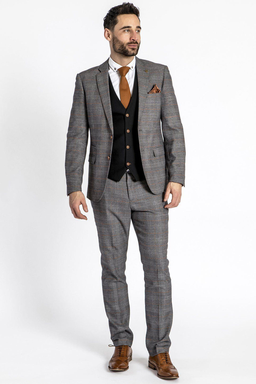 JENSON - Grey Check Suit With MAX Black Waistcoat