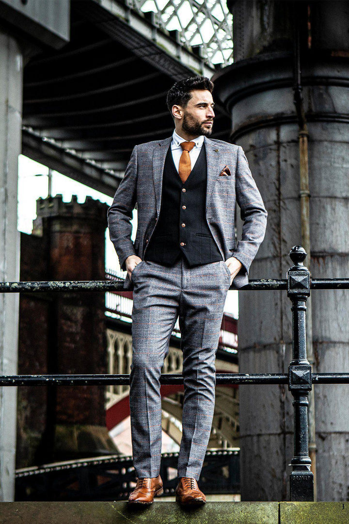 JENSON - Grey Check Suit With MAX Black Waistcoat