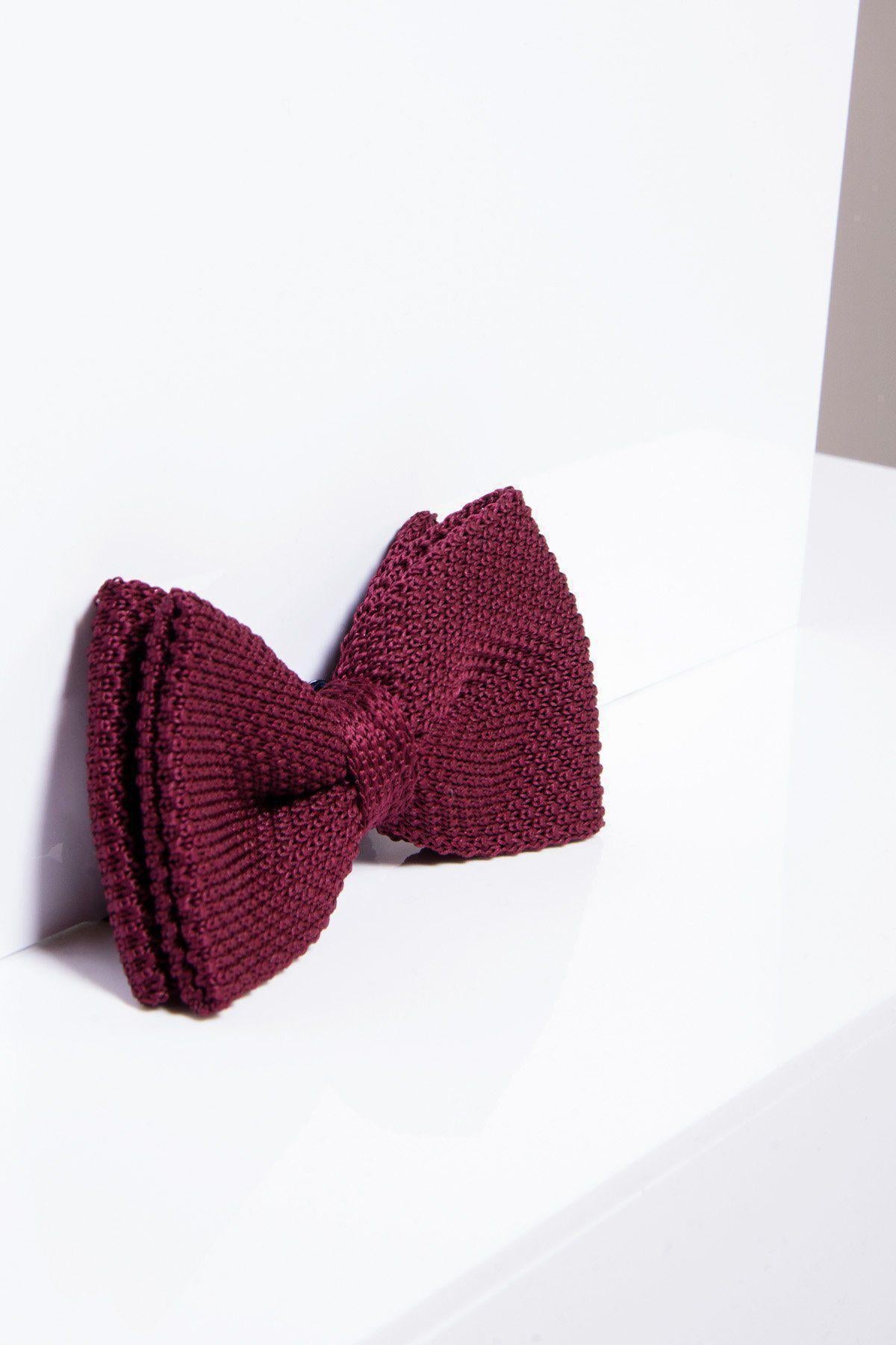 The marcdarcy KB - Knitted Double Layer Bow Tie in Wine is featured against a plain white background, resting on a glossy white surface.