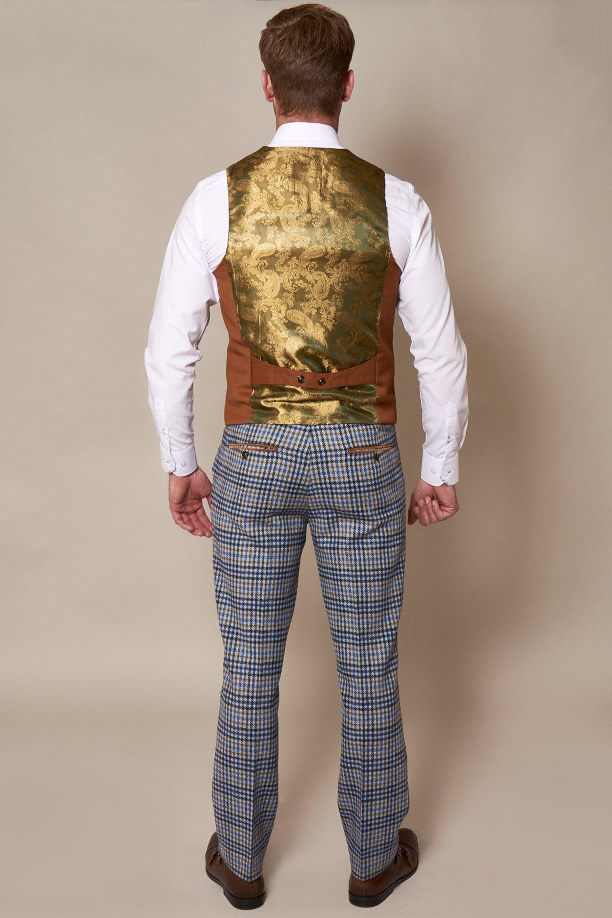 Man wearing a white shirt, marcdarcy KELLY dark tan double breasted waistcoat with gold paisley lining, and blue and brown plaid pants, viewed from the back.