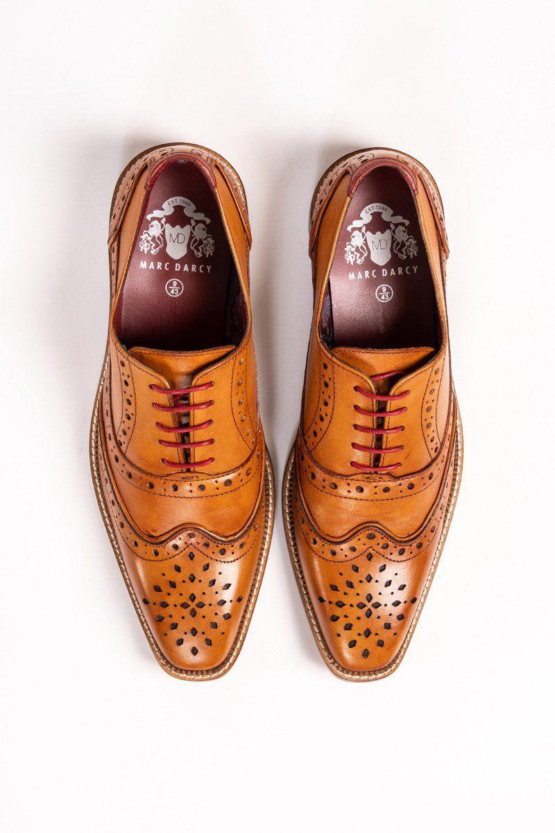 The Marc Darcy LARKIN Mid Tan Leather Brogue Shoe, featuring full grain leather and red laces, is shown from above on a white background.