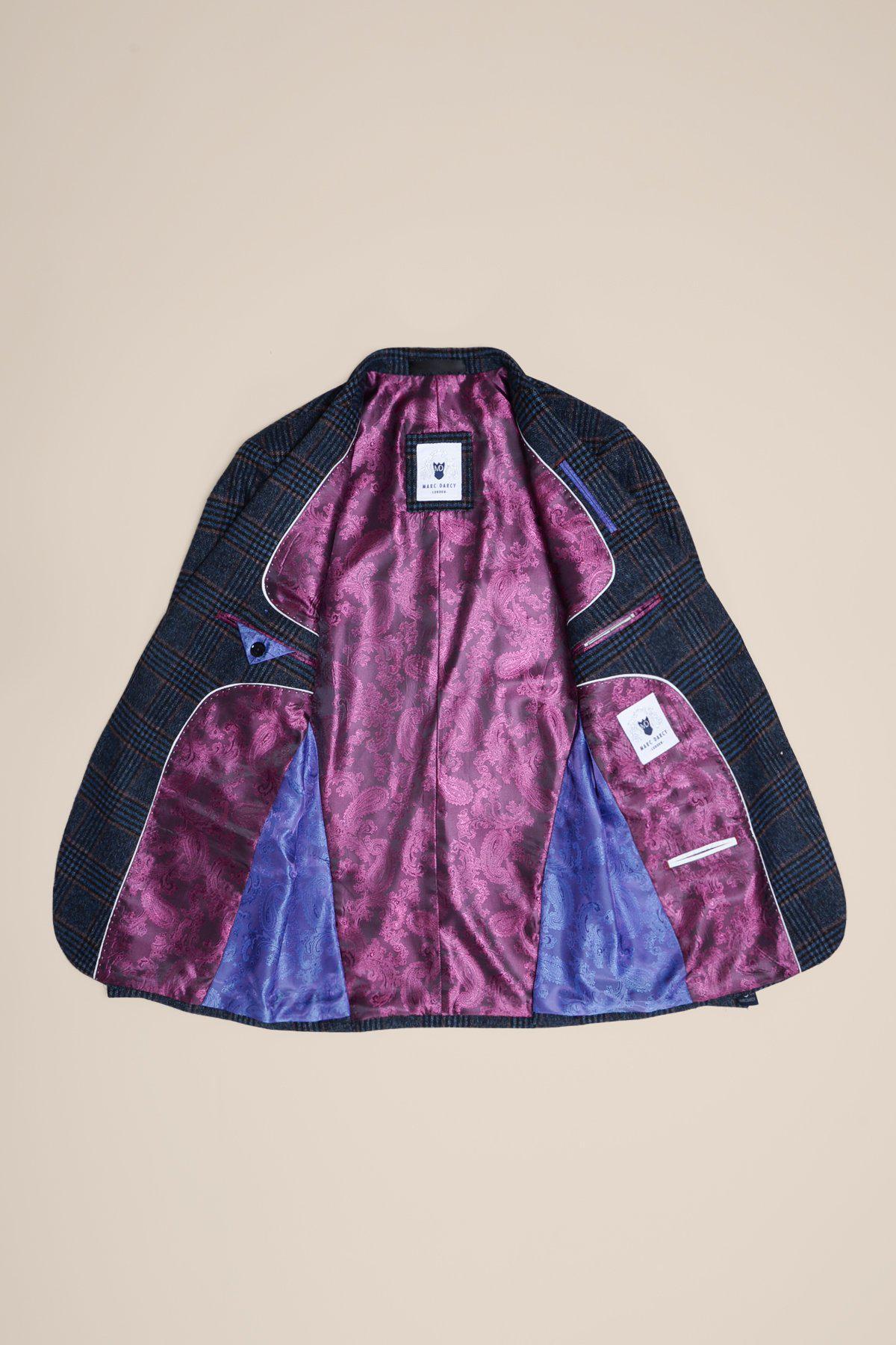 The marcdarcy LUCA Navy Check Tweed Blazer is shown open, revealing its shiny purple paisley and blue lining with interior labels—ideal for vintage lovers.
