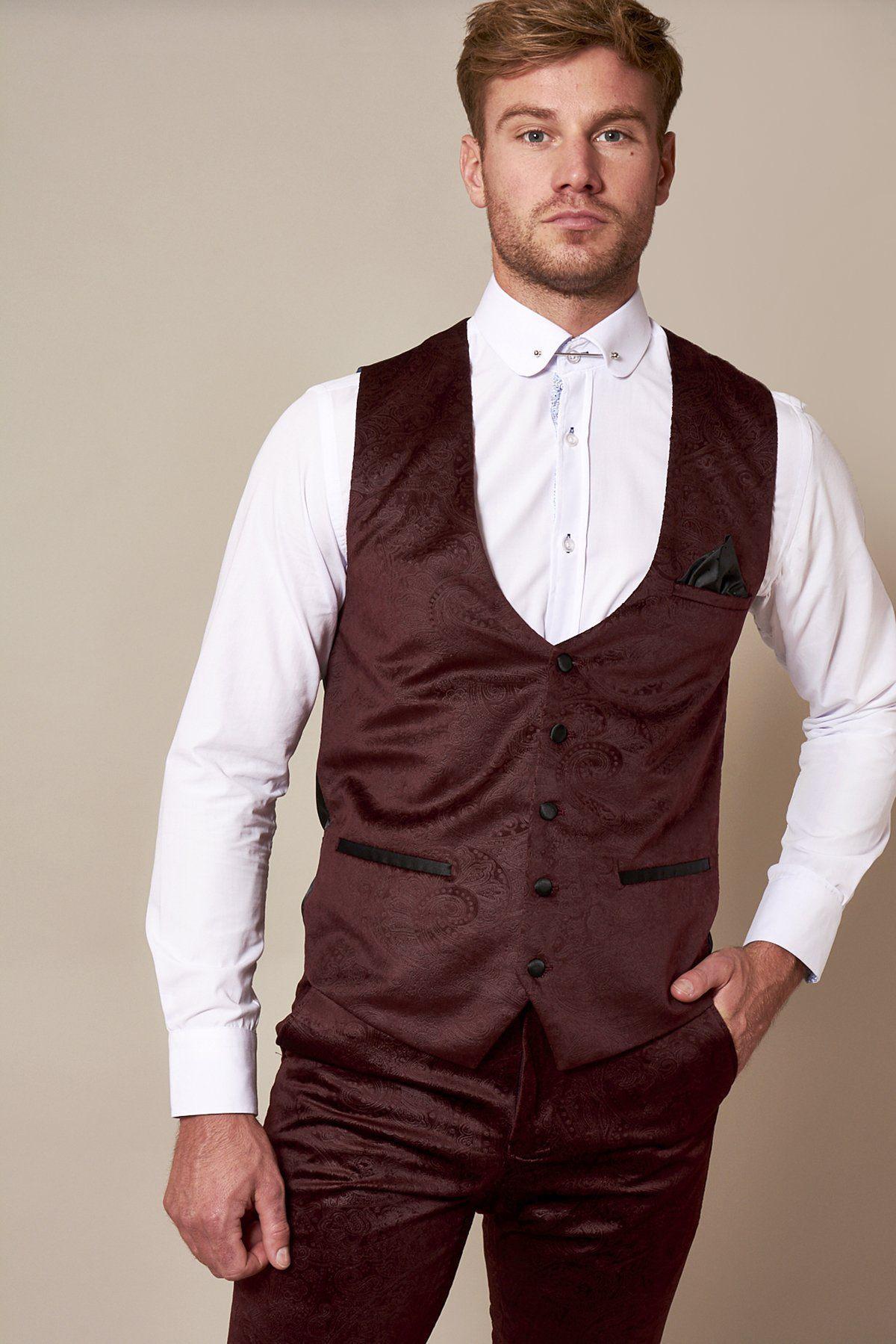 Fenerbahçe and Brazil midfielder Fred wears a Marc Darcy Simon Wine velvet suit, featuring a slim fit jacket and matching pants, with a white shirt and black pocket square, standing against a neutral background.