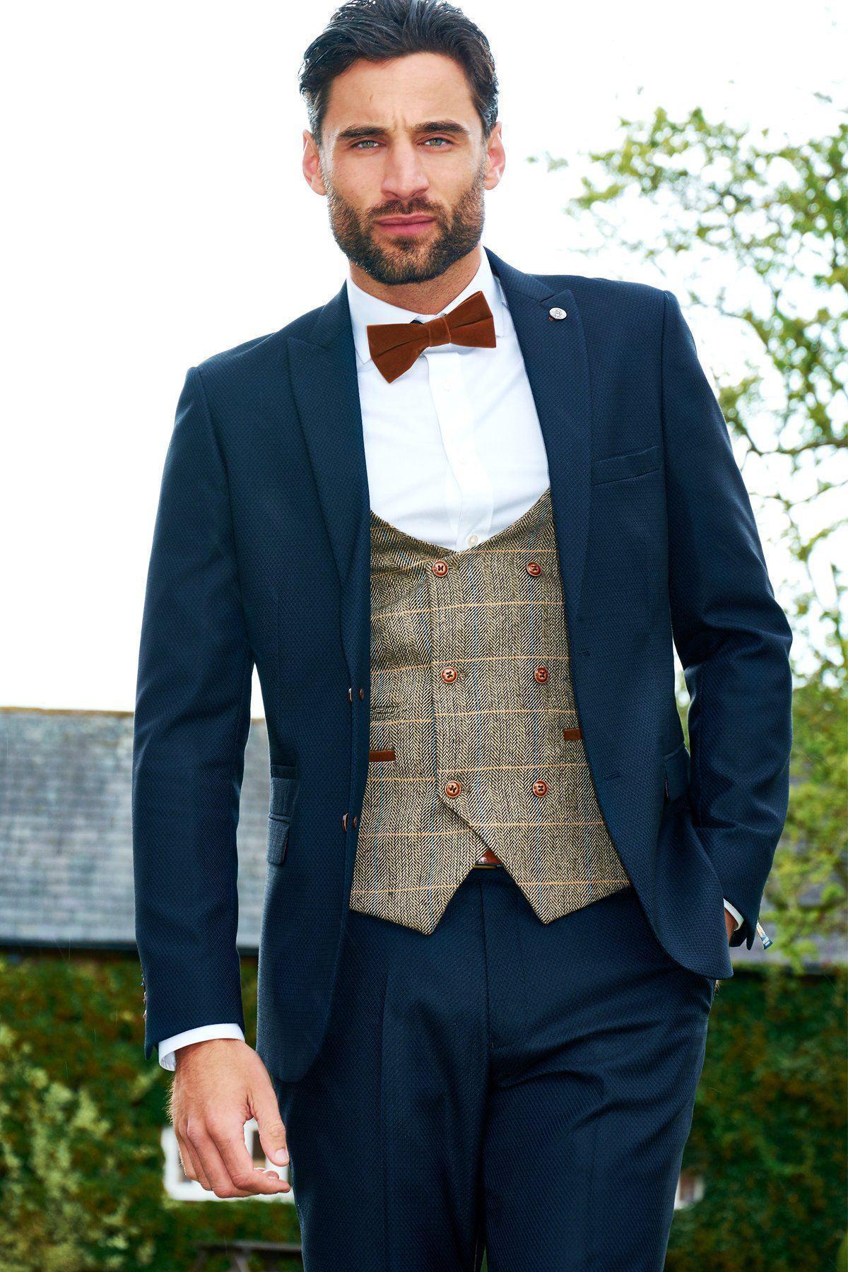 Wearing the marcdarcy MAX - Navy Suit with TED Waistcoat, a man stands confidently outdoors, showcasing smart-casual style in this sharp ensemble.