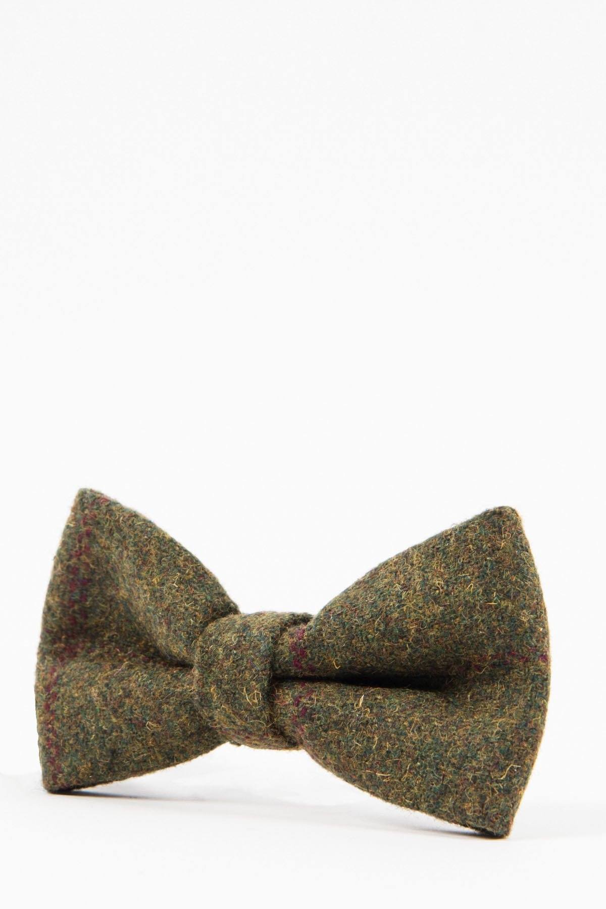 The MITCHELL Tweed Olive Green Wine Check Bow Tie by Accessory features classic tweed with a subtle textured pattern, presented on a plain white background.