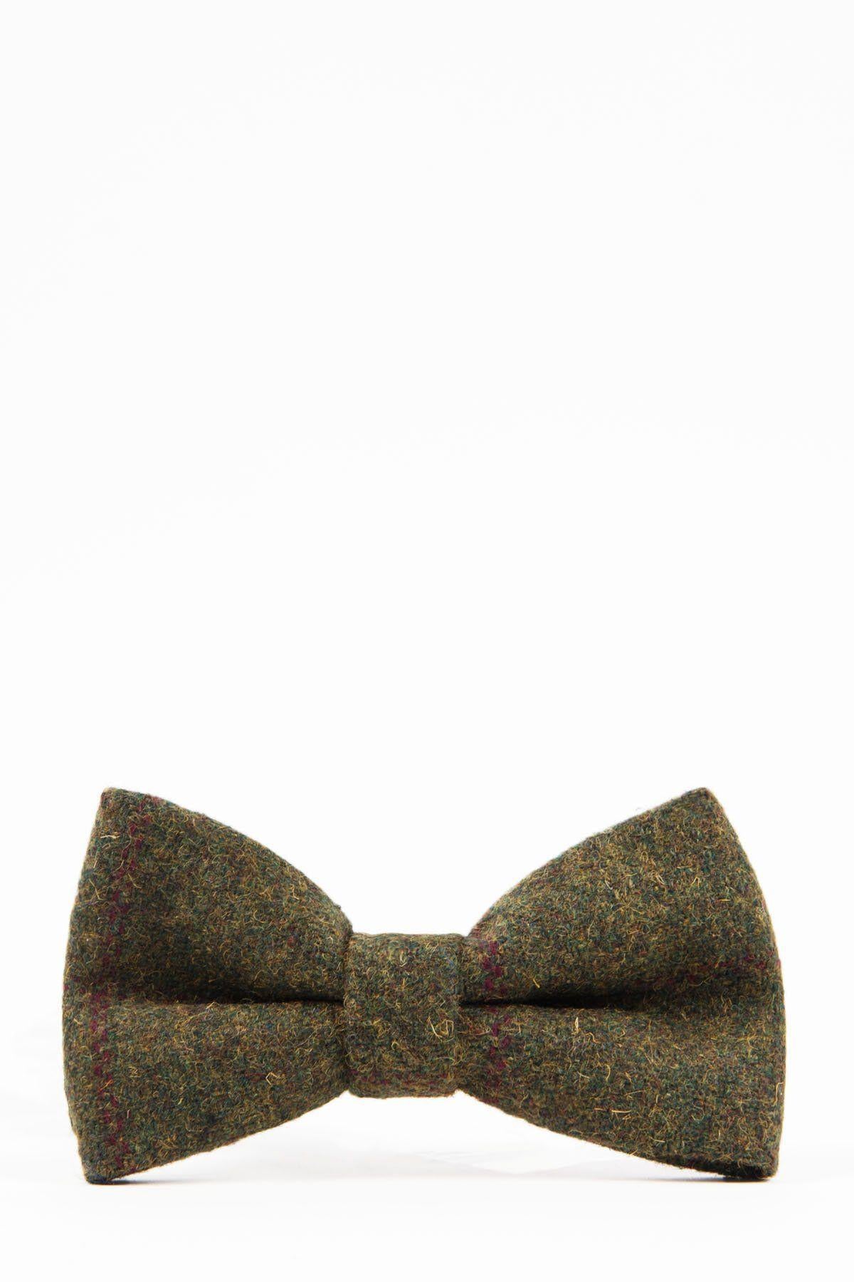 The MITCHELL - Tweed Olive Green Wine Check Bow Tie by Accessory, a pre-tied bow tie with a subtle textured finish, is shown upright against a plain white background.