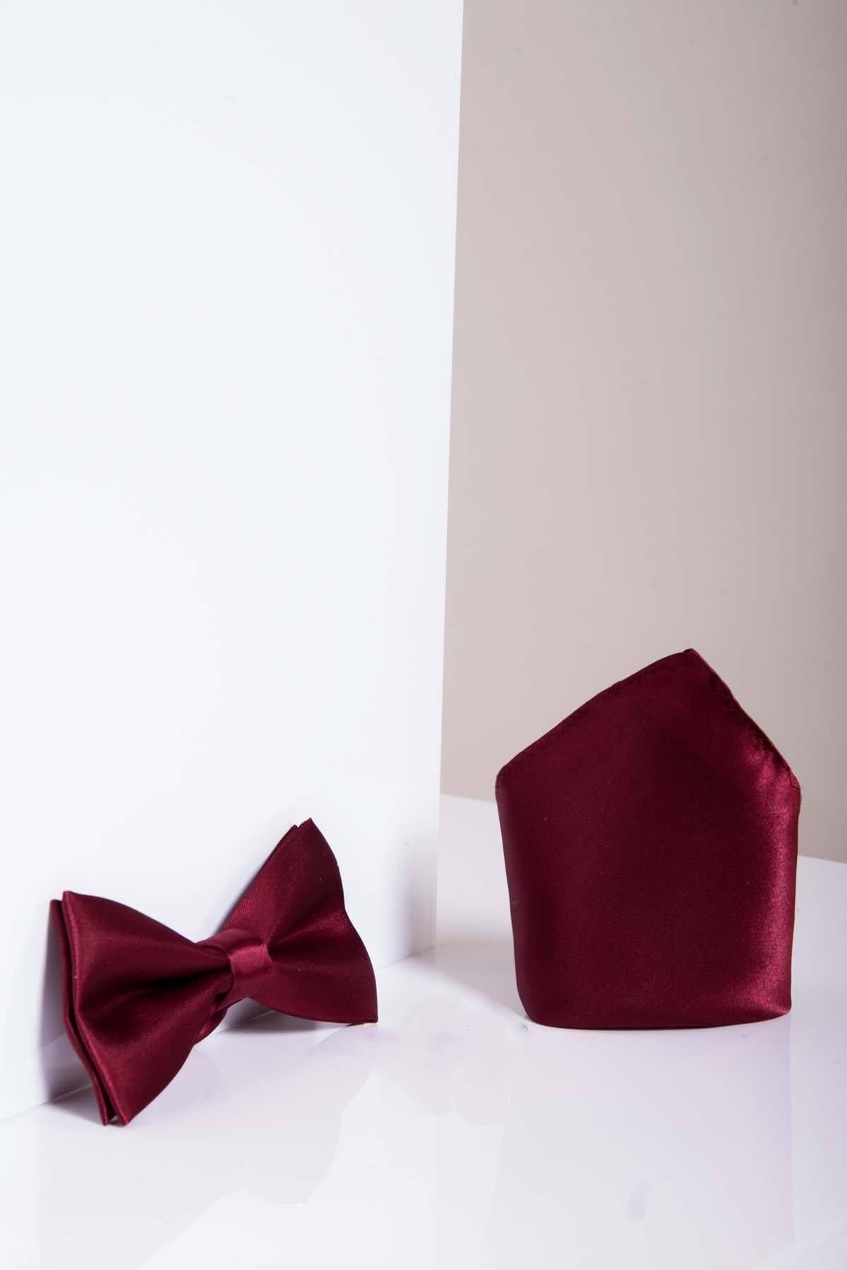 The Accessory STANLEY Satin Bow Tie and Pocket Square Set in Wine, perfect for formal wear, shown against a white background.