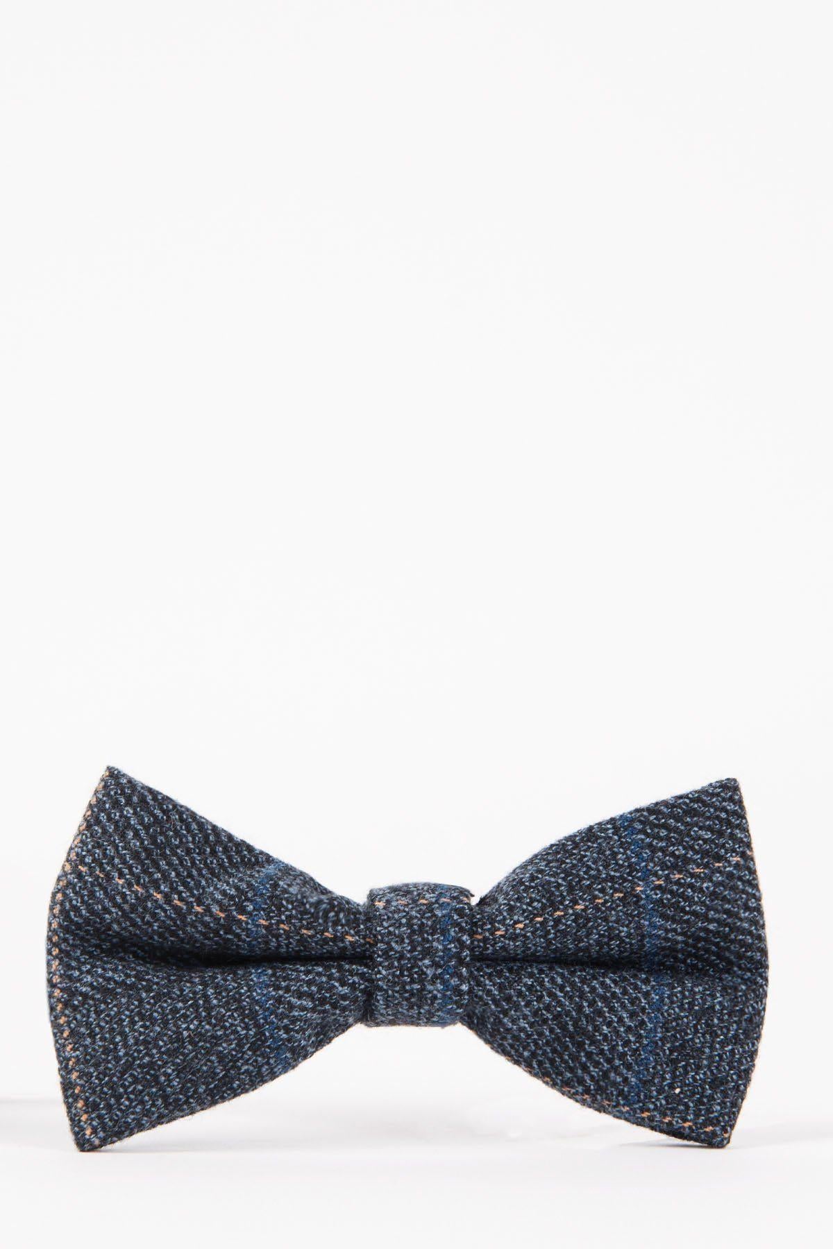 The SCOTT - Blue Check Tweed Bow Tie by Accessory features a blue and tan plaid pattern, offering contemporary neckwear with classic style, displayed on a white background.