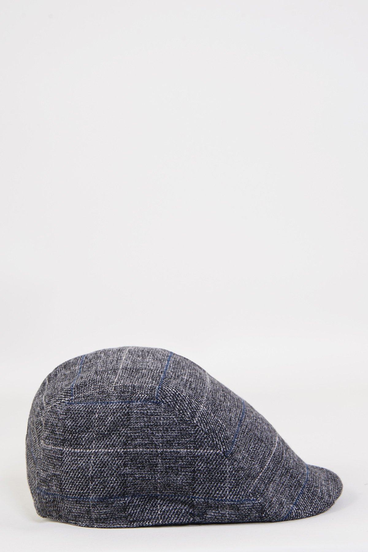 The Accessory SCOTT Grey Check Tweed Flat Cap features heritage check with subtle blue stripes, shown in a side view against a plain white background.