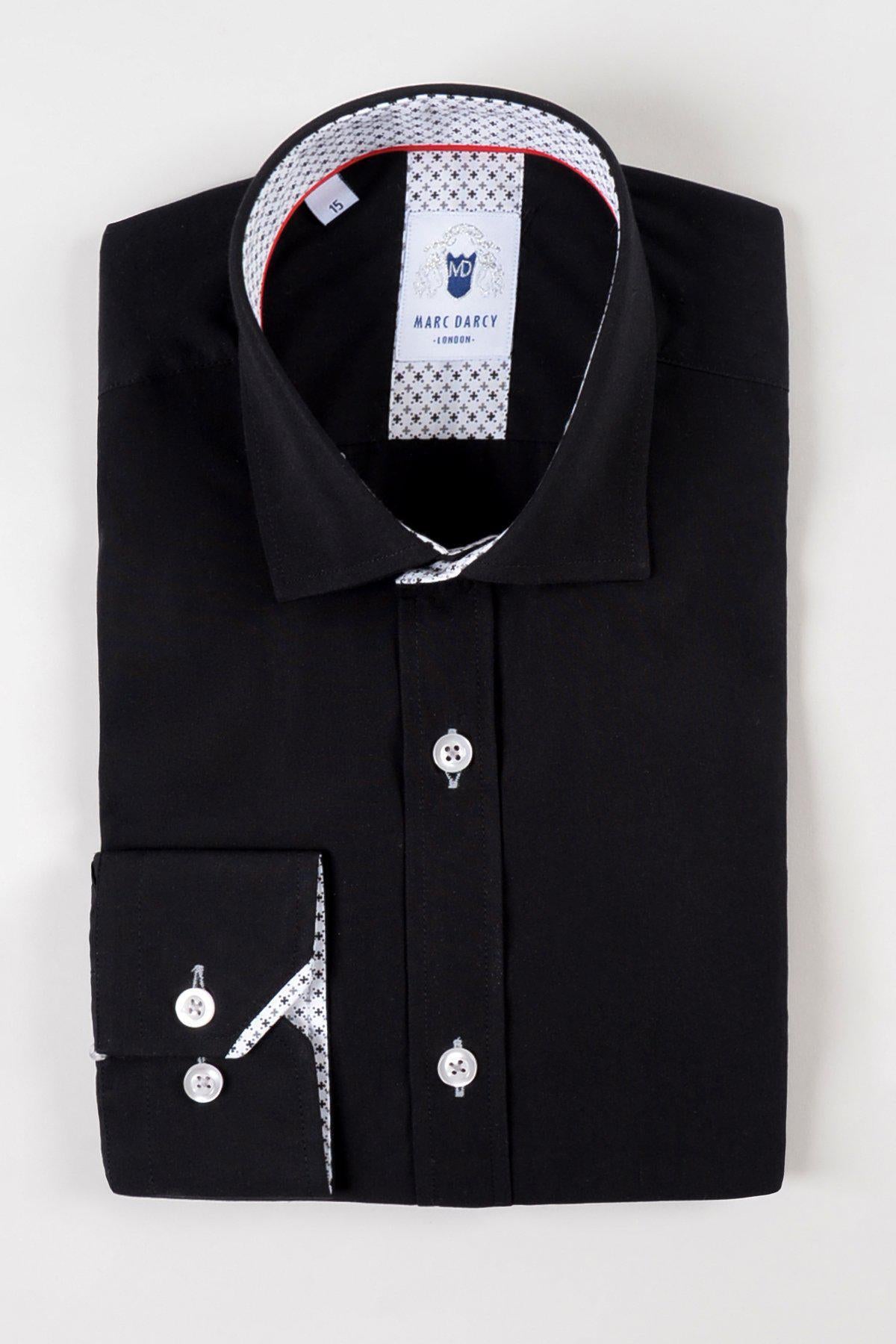 The SERGIO Black Long Sleeve Shirt by marcdarcy features a cotton blend, white buttons, and patterned inner collar and cuffs—ideal for sharp, tailored looks.