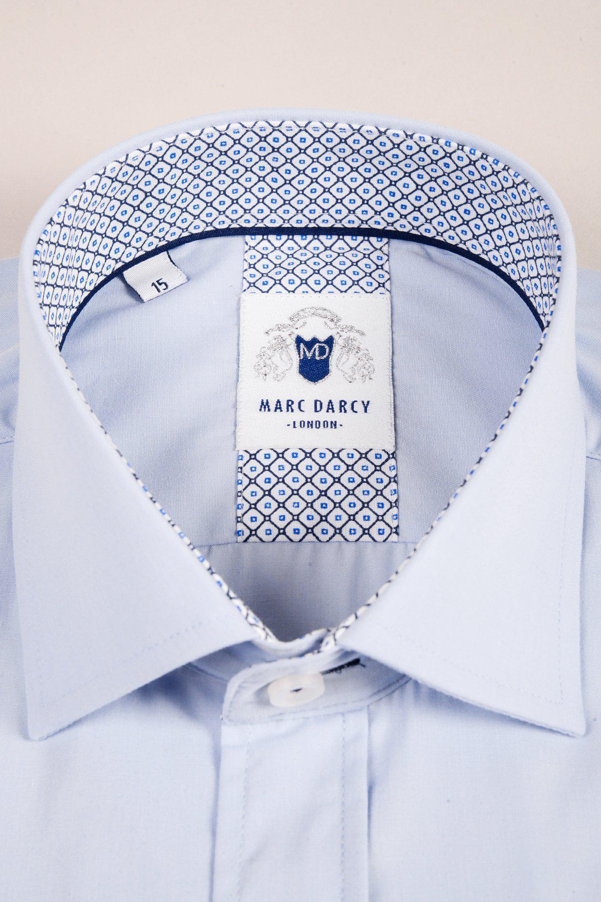 The SERGIO Sky Blue Long Sleeve Shirt by marcdarcy features a blue and white geometric pattern inside the collar—ideal as an office shirt for a sharp, professional look. Size 15 label near the collar.