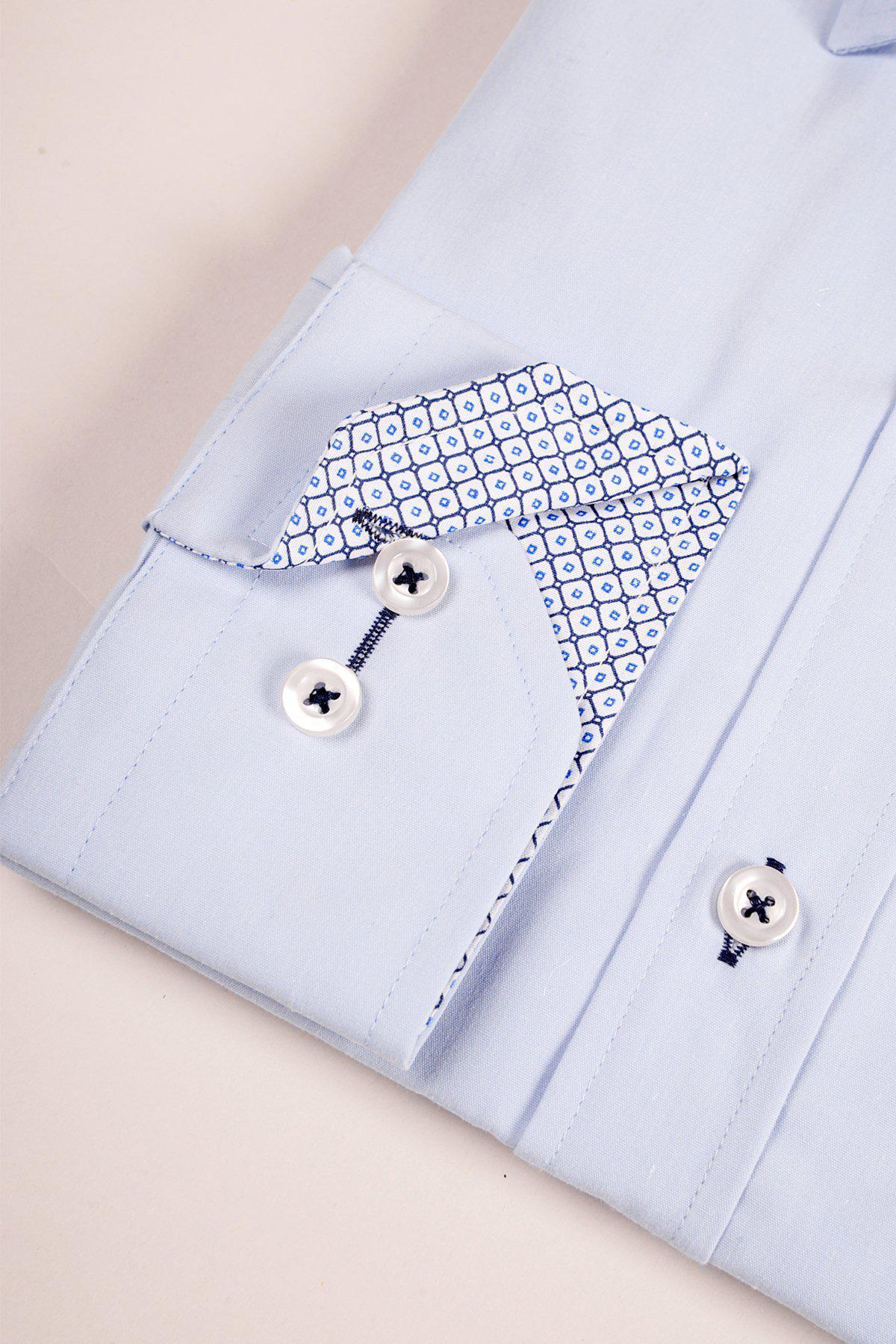 The marcdarcy SERGIO sky blue long sleeve shirt features white buttons and a pocket with a patterned blue and white lining—ideal as an office shirt for a polished, modern look.