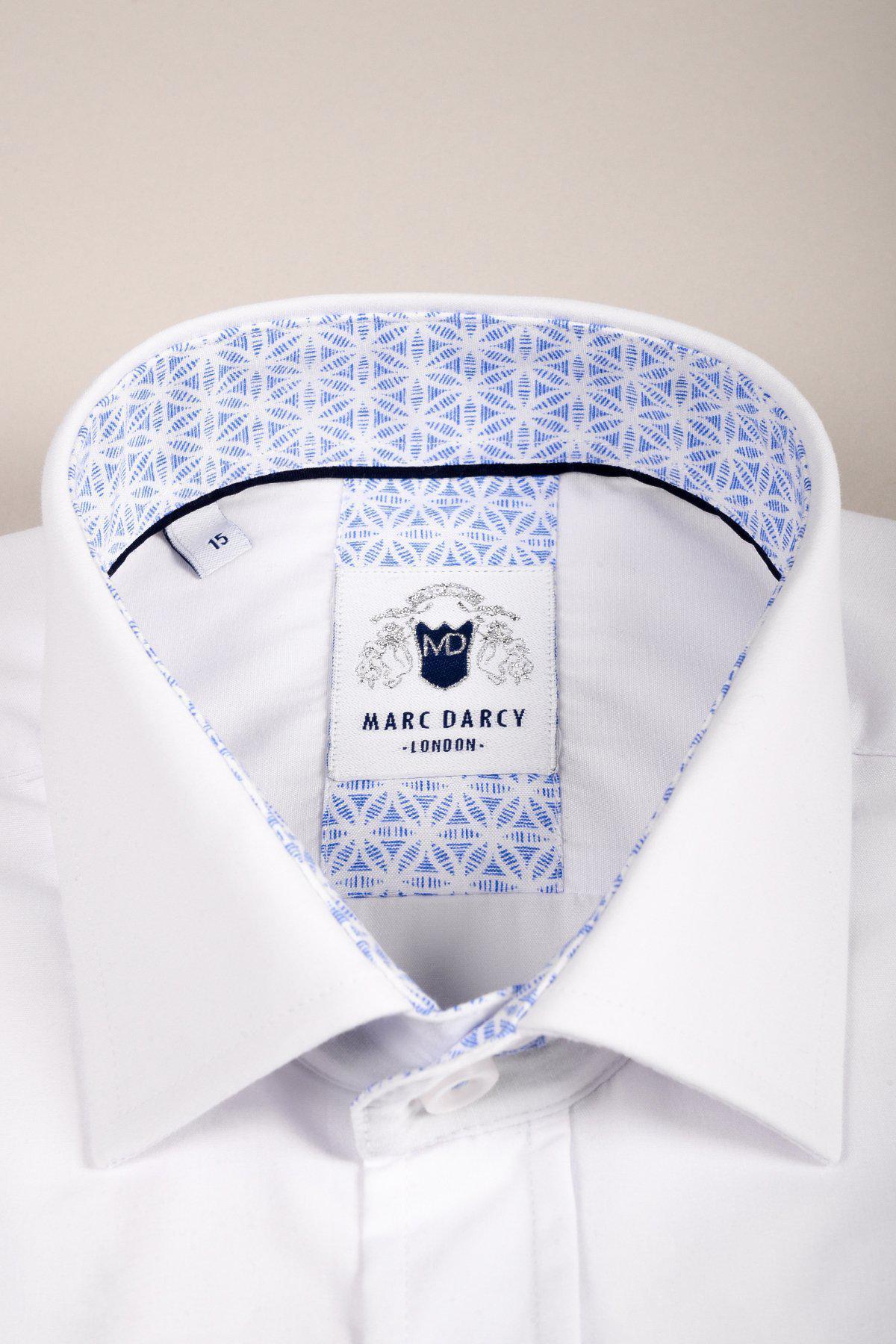 The marcdarcy SERGIO White Long Sleeve Shirt features a poly-cotton fabric, classic fit, and blue geometric pattern on the collar lining and label.