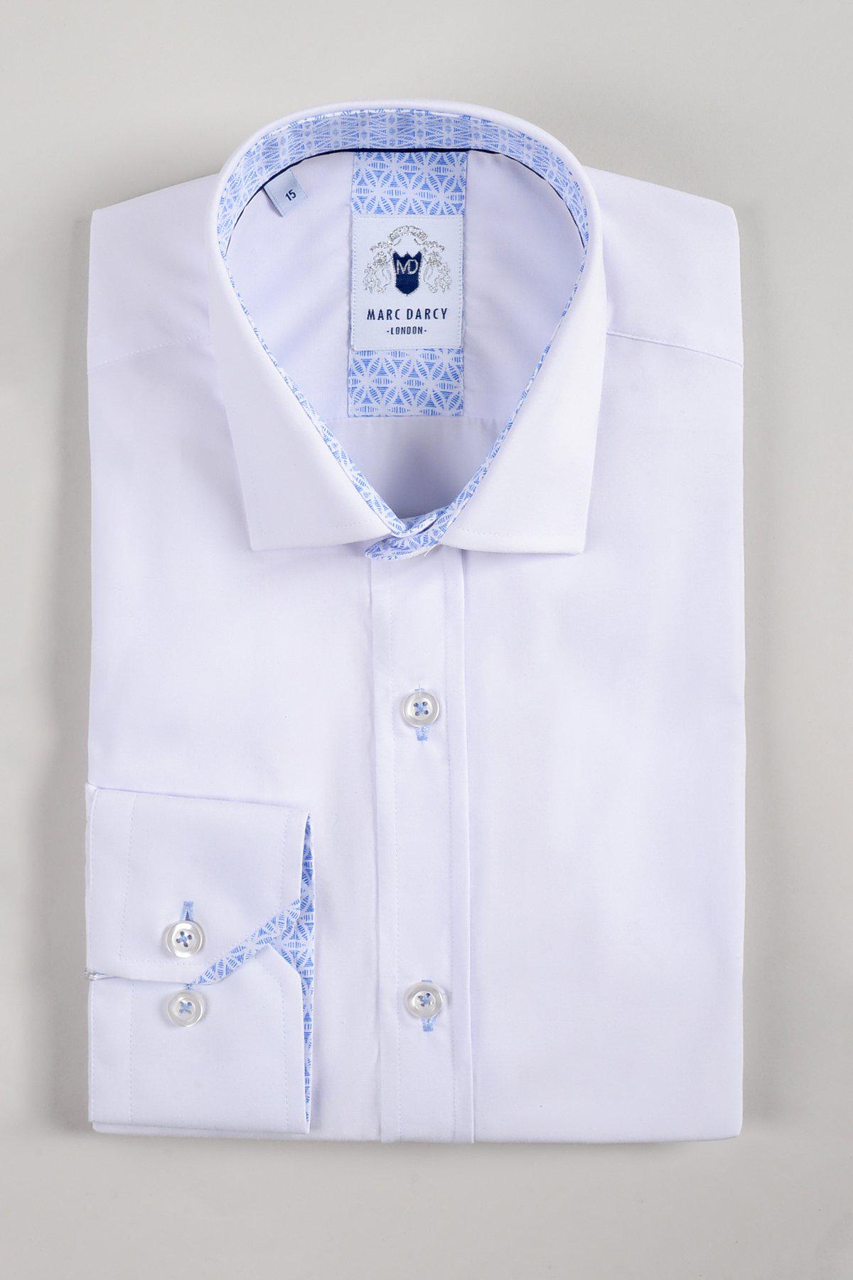 The marcdarcy SERGIO White Long Sleeve Shirt is a classic fit, neatly folded, with light blue geometric accents on the inner collar, cuffs, and placket, crafted from premium poly-cotton and finished with the marcdarcy label.