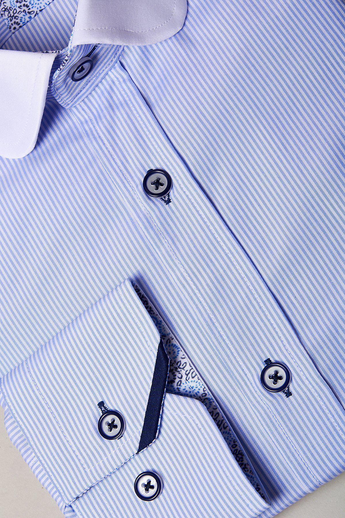 The Marc Darcy SHELBY Sky Blue Stripe Penny Collar Shirt features a modern pinstripe design, contrasting white collar, dark blue buttons, patterned inner cuffs, fine stitching, and a high cotton content.