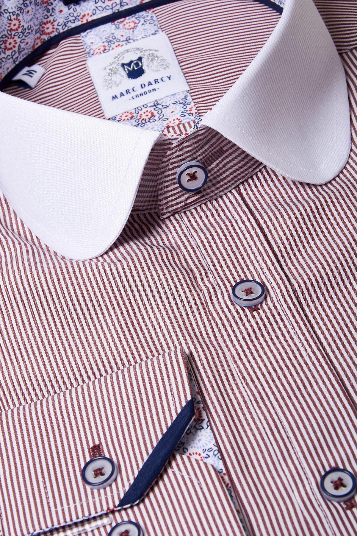 Close-up of a Marc Darcy SHELBY wine stripe penny collar shirt, showcasing its crisp white collar and detailed buttons.