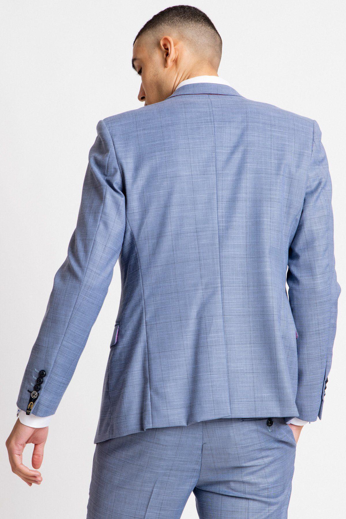 A man models the marcdarcy SID - Blue Grey Check Blazer, featuring a tailored fit and sleeve buttons. He is shown from the back with his head turned slightly left against a plain white background.