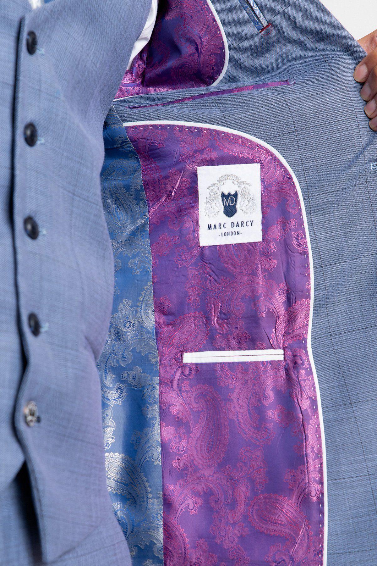 Close-up of the marcdarcy SID - Blue Grey Check Blazer, a pastel blue-grey slim fit blazer with a check pattern and vibrant purple paisley lining.