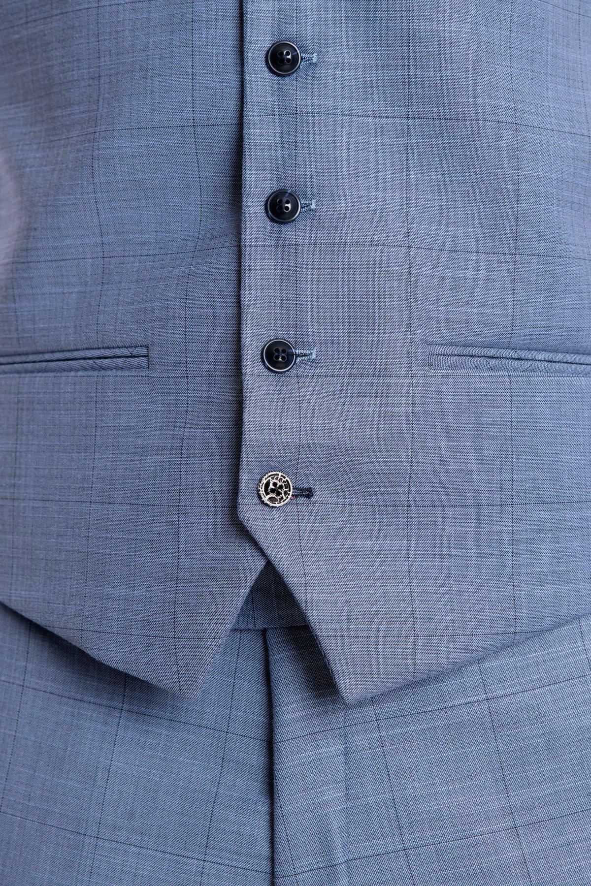 Close-up of the Marc Darcy SID Blue Grey Check Single Breasted Waistcoat with matching pants, featuring three buttons, two welt pockets, and a subtle plaid sharkskin-inspired pattern.