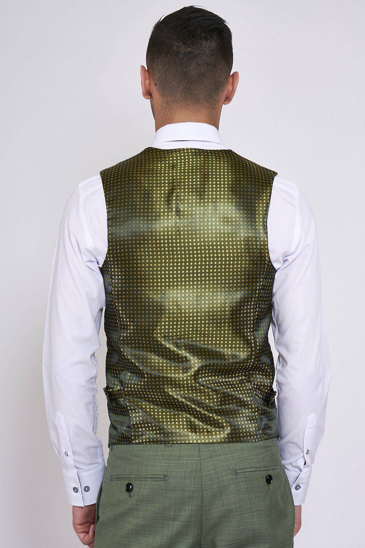 A man is seen from behind wearing a white dress shirt, matching green trousers, and the Marc Darcy SID - Moss Green Check Single Breasted Waistcoat.