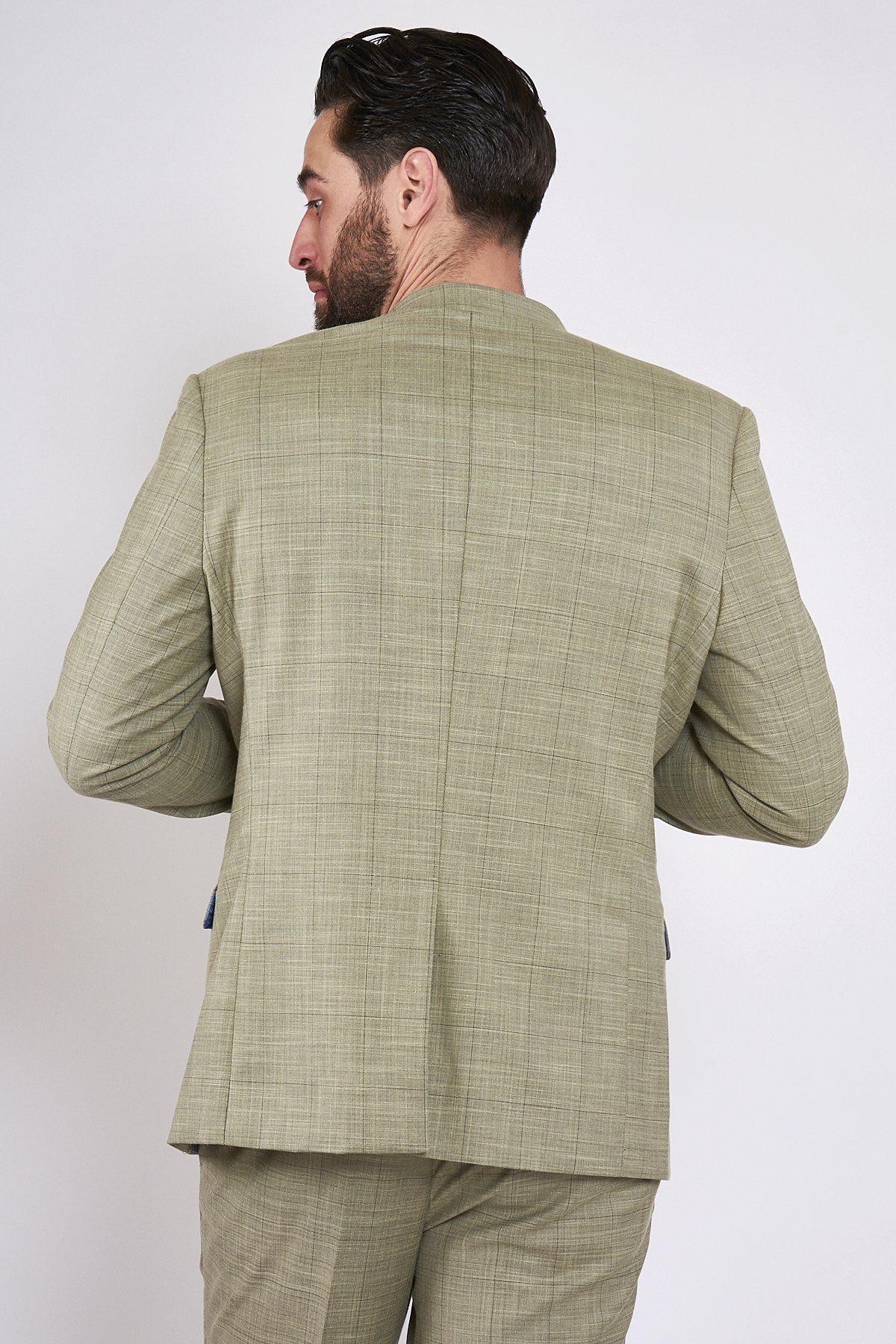 A man with dark hair and a beard stands with his back to the camera, wearing the marcdarcy SID - Mustard Beige Check Blazer against a plain background.