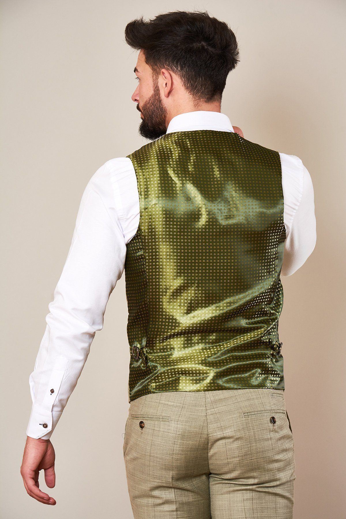 A man seen from the back wears a white dress shirt, Marc Darcy's SID - Mustard Beige Check Single Breasted Waistcoat, and tan grid check plaid trousers.