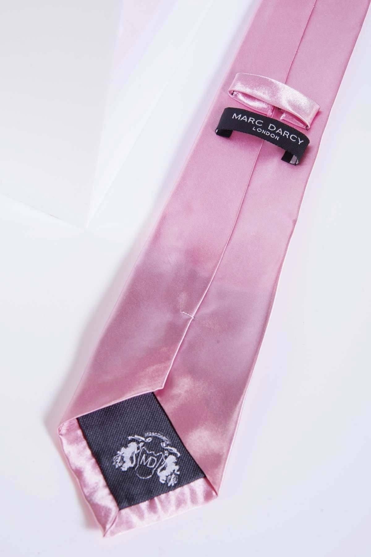 The STANLEY Satin Tie and Pocket Square Set in Pink by Accessory features a pink satin tie, gray-lined tip with white logo, and is showcased flat on white—an elegant set perfect for special occasions.