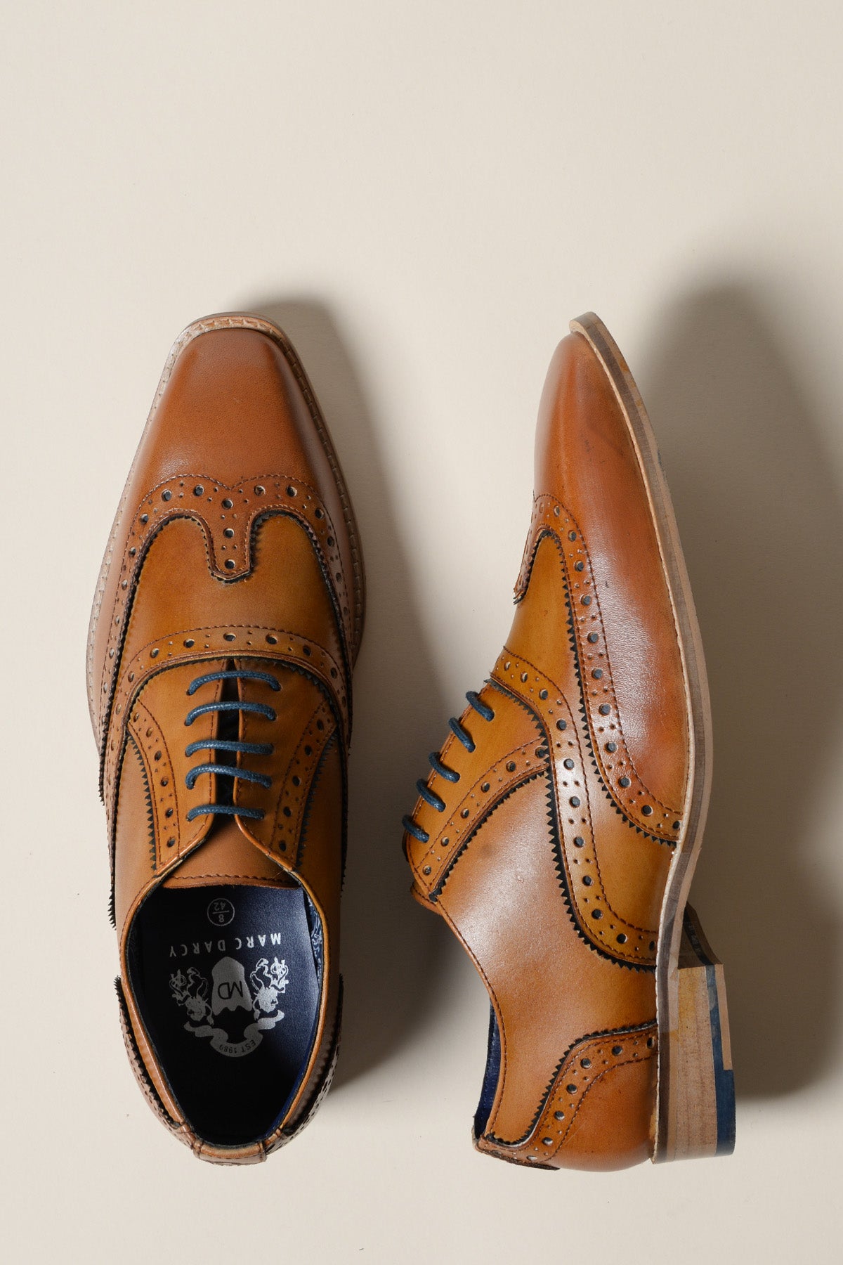 The MARCO - Tan Navy Leather Wingtip Oxford Shoes by Marc Darcy, featuring decorative perforations and navy blue laces, are displayed on a light beige background with one upright and the other on its side.