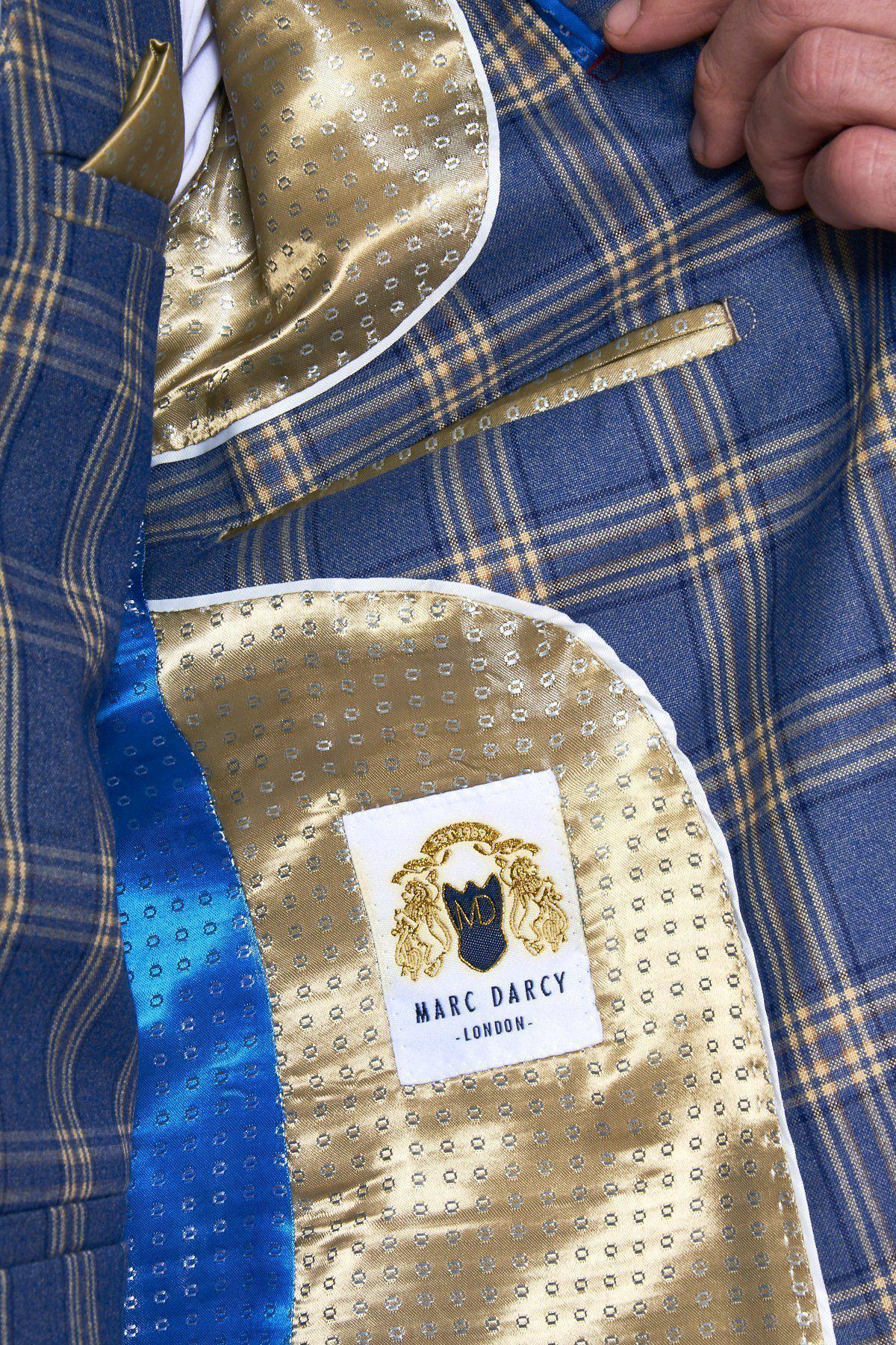 A close-up of the marcdarcy TONY Blue Yellow Check Suit with single breasted waistcoat shows the jacket opened to reveal a gold and blue patterned silky lining and a label that reads marcdarcy.