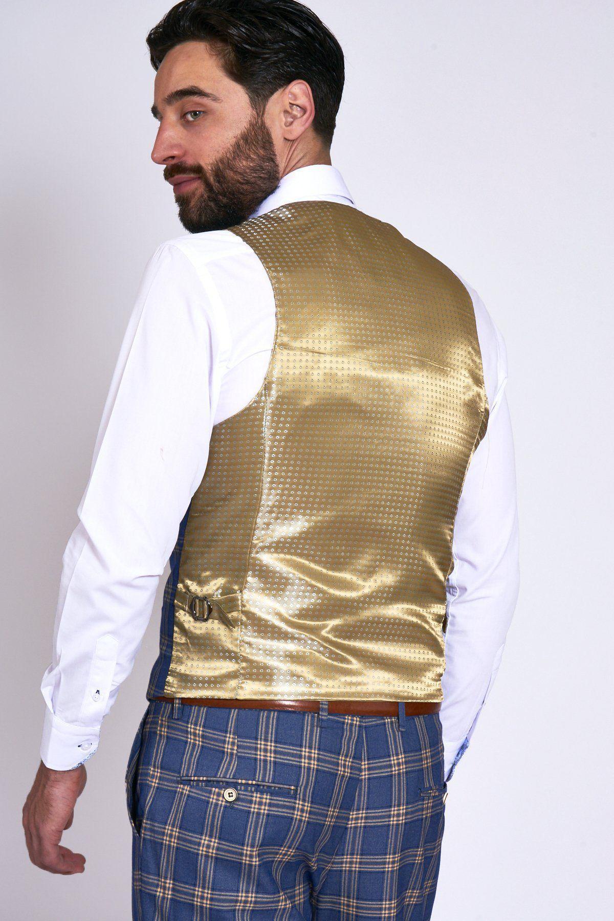 A man is shown from behind wearing the marcdarcy TONY Blue Yellow Check Suit with a single-breasted waistcoat, styled over a white dress shirt and finished with a brown belt.