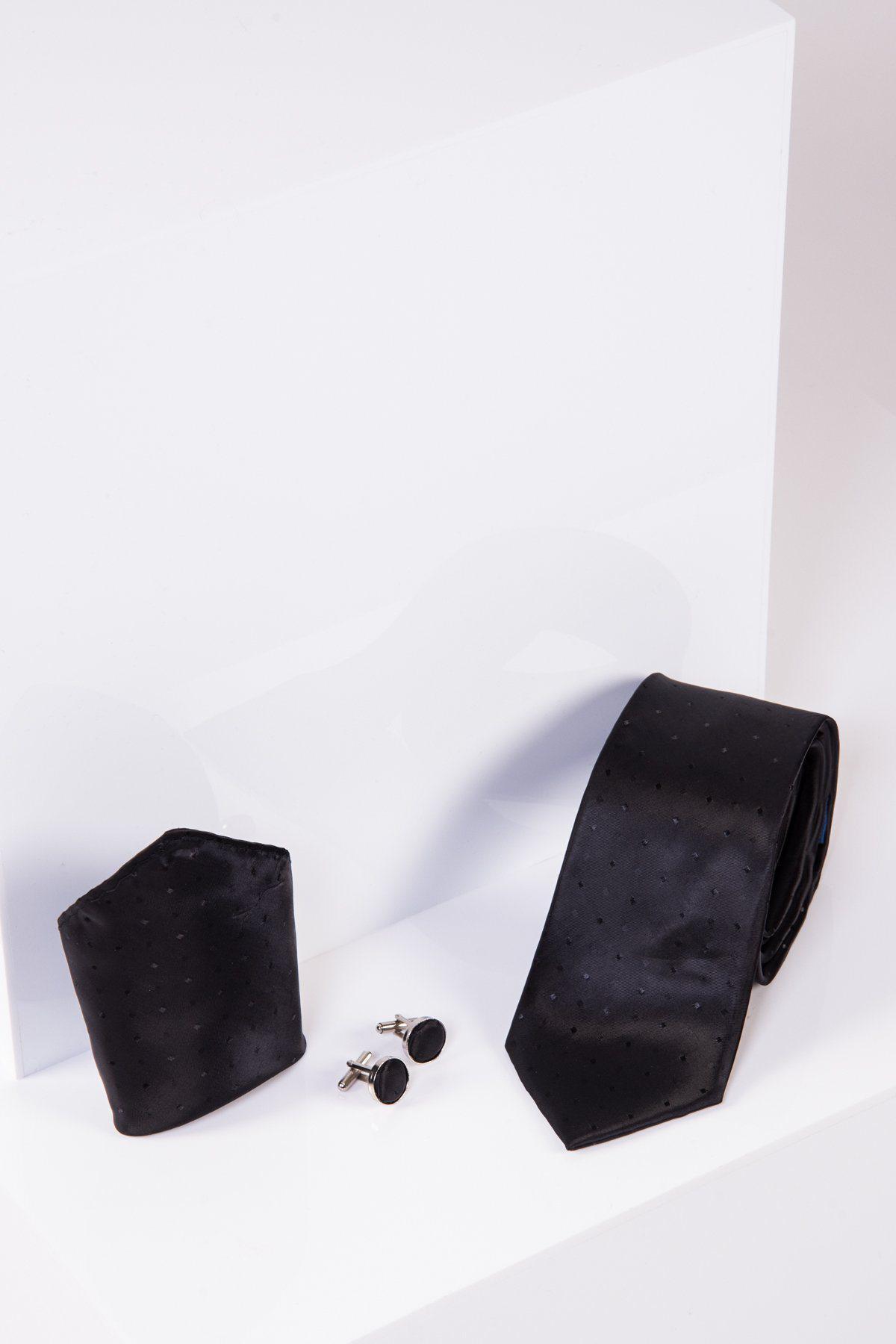 The Accessory TS DOT Black Spot Print Tie and Pocket Square Set, featuring a black tie and matching pocket square, is displayed against a minimalist white background.