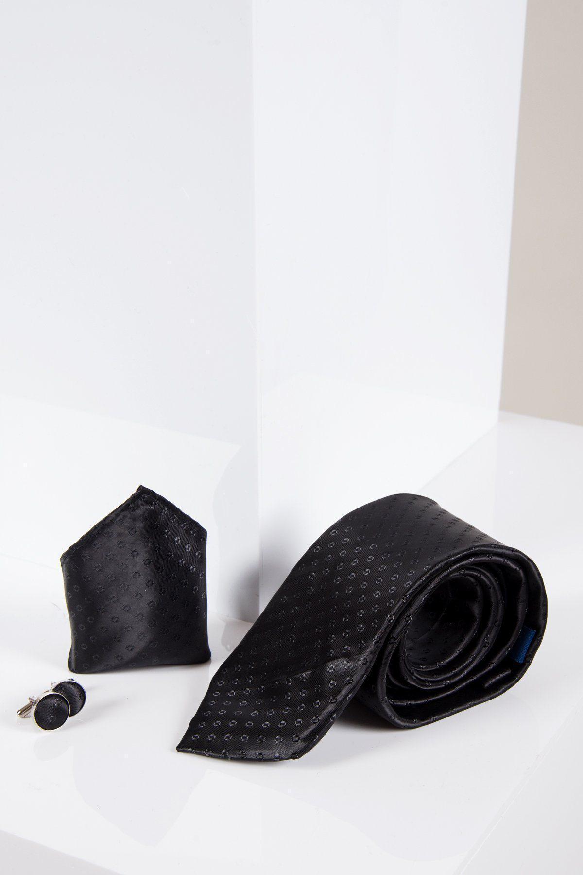 The Marc Darcy TS TUBES - Black Spot Tie and Pocket Square Set, featuring a silk-style texture necktie, matching pocket square, and black cufflinks, is shown on a white surface with a minimalist background for a polished look.