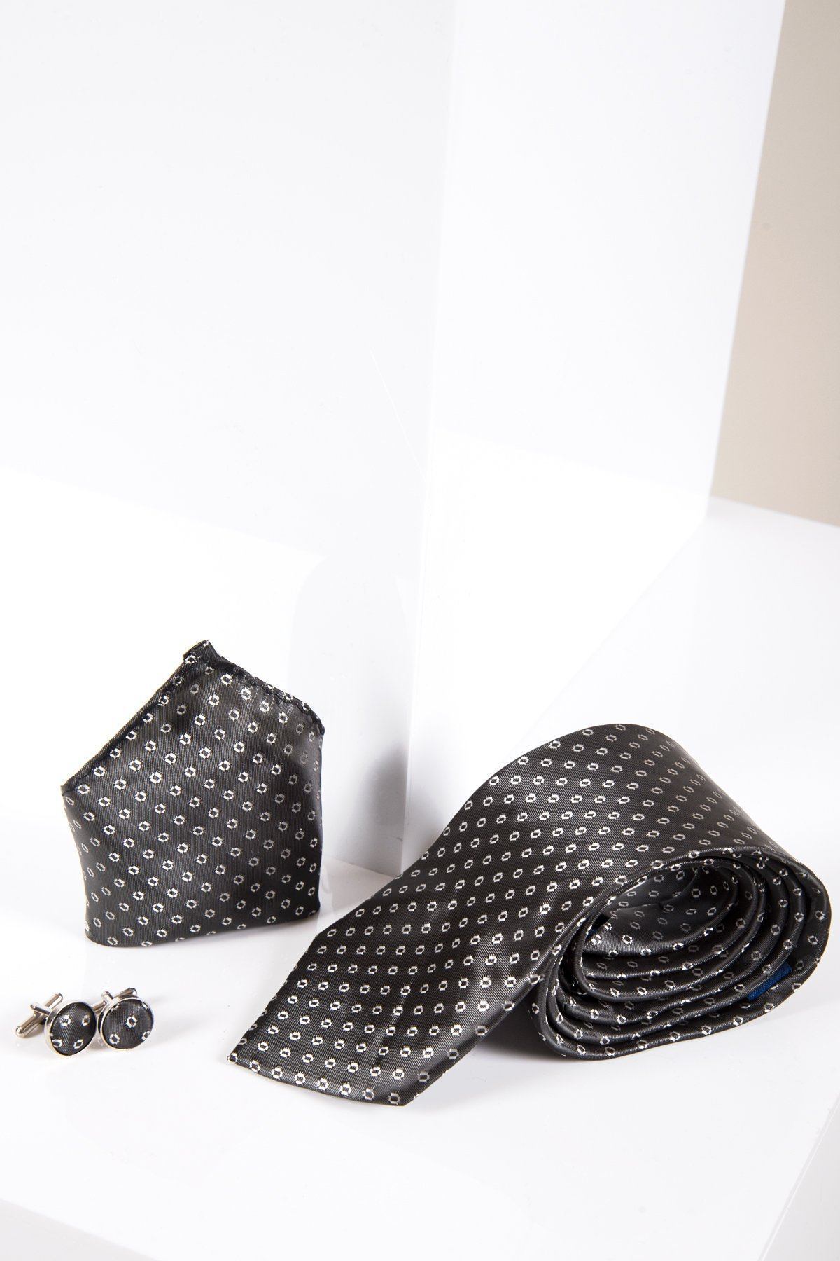 The Marc Darcy TS TUBES Grey Spot Tie and Pocket Square Set features a silk-style texture and subtle grey spot print, offering a luxurious touch—perfect for refined occasions.