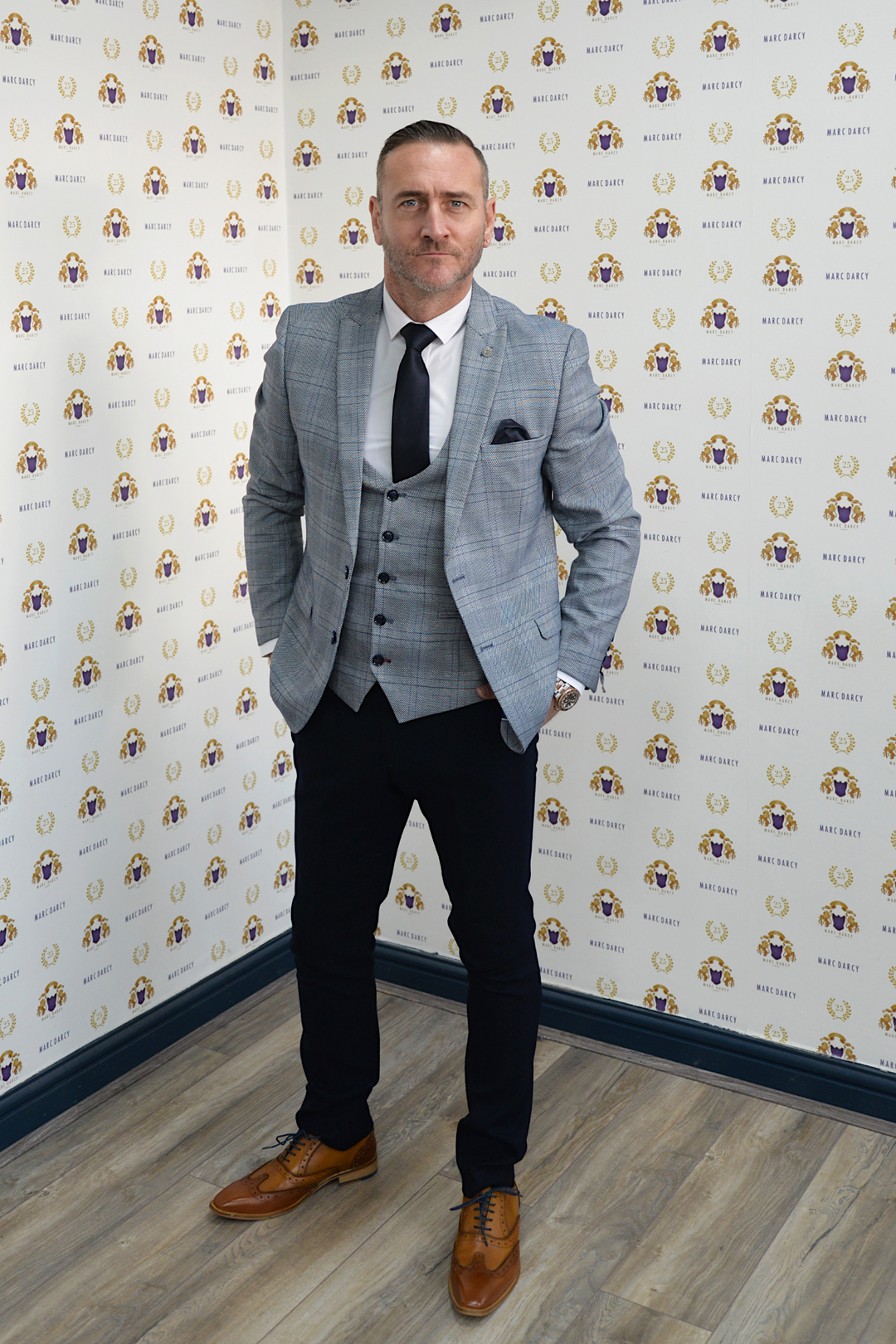 Actor Will Mellor in Jerry Grey Check Blazer & Waistcoat