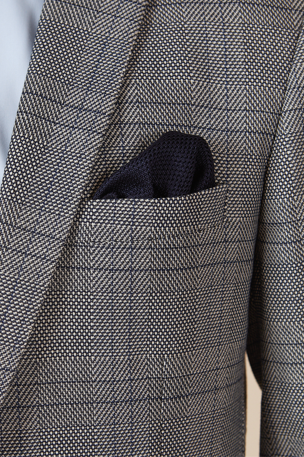 Actor Will Mellor wears a marcdarcy Jerry Grey Check Blazer & Waistcoat, featuring a sharp slim fit and a dark navy pocket square styled in the breast pocket.